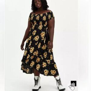 Torrid Asymmetrical Maxi Challis Off-Shoulder Sunflower Print Black Dress